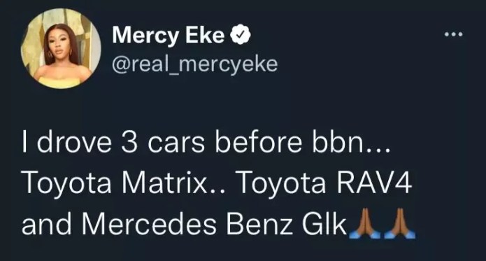 Nigerians Drags Mercy Eke Over Claims Of Owning 3 Cars, House Before BBN